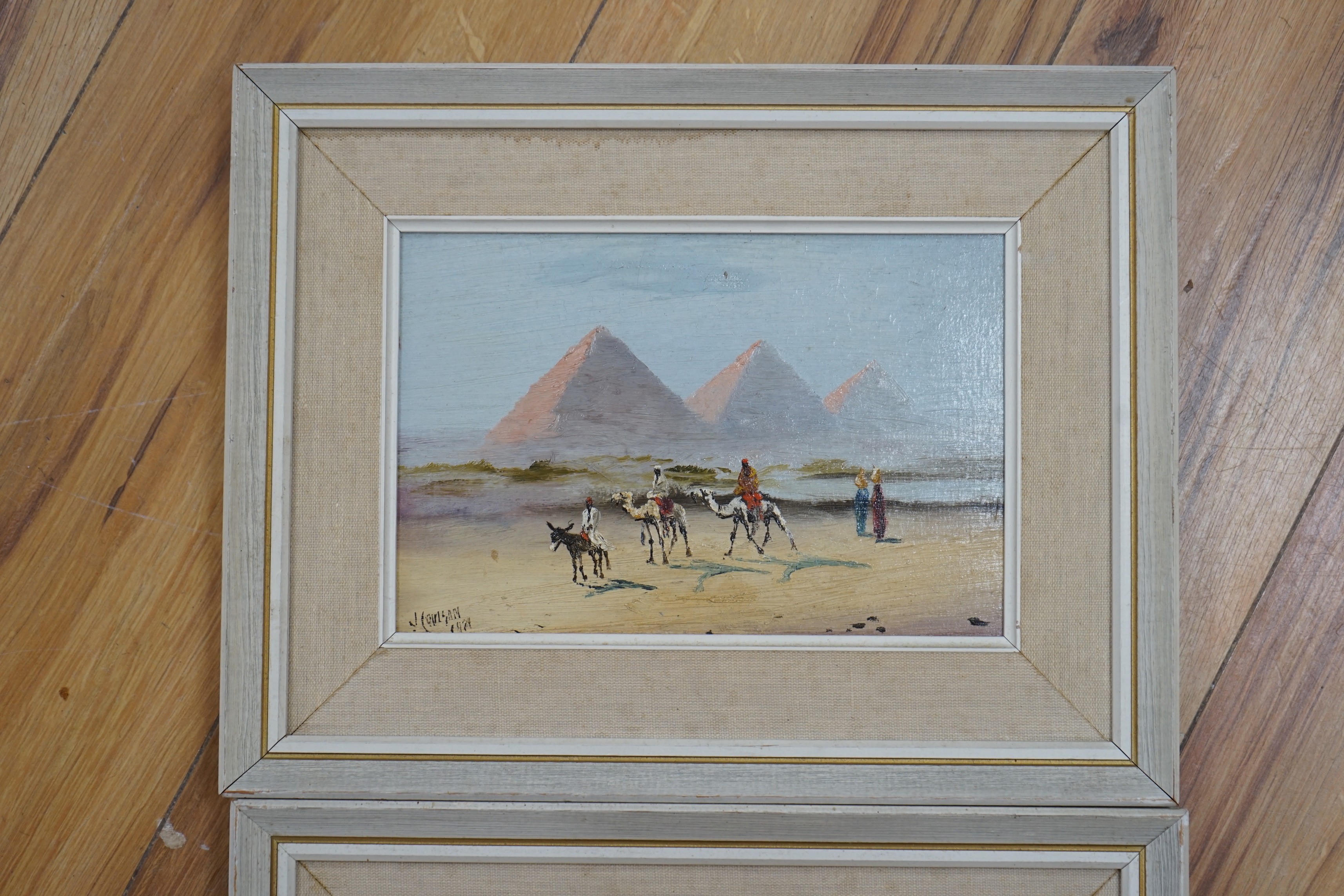 J. Coulson, pair of oils on board, Views of The Pyramids, signed, 15 x 22cm